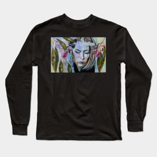 Breath of Fragility - Abstract Portrait and Bird Art Long Sleeve T-Shirt